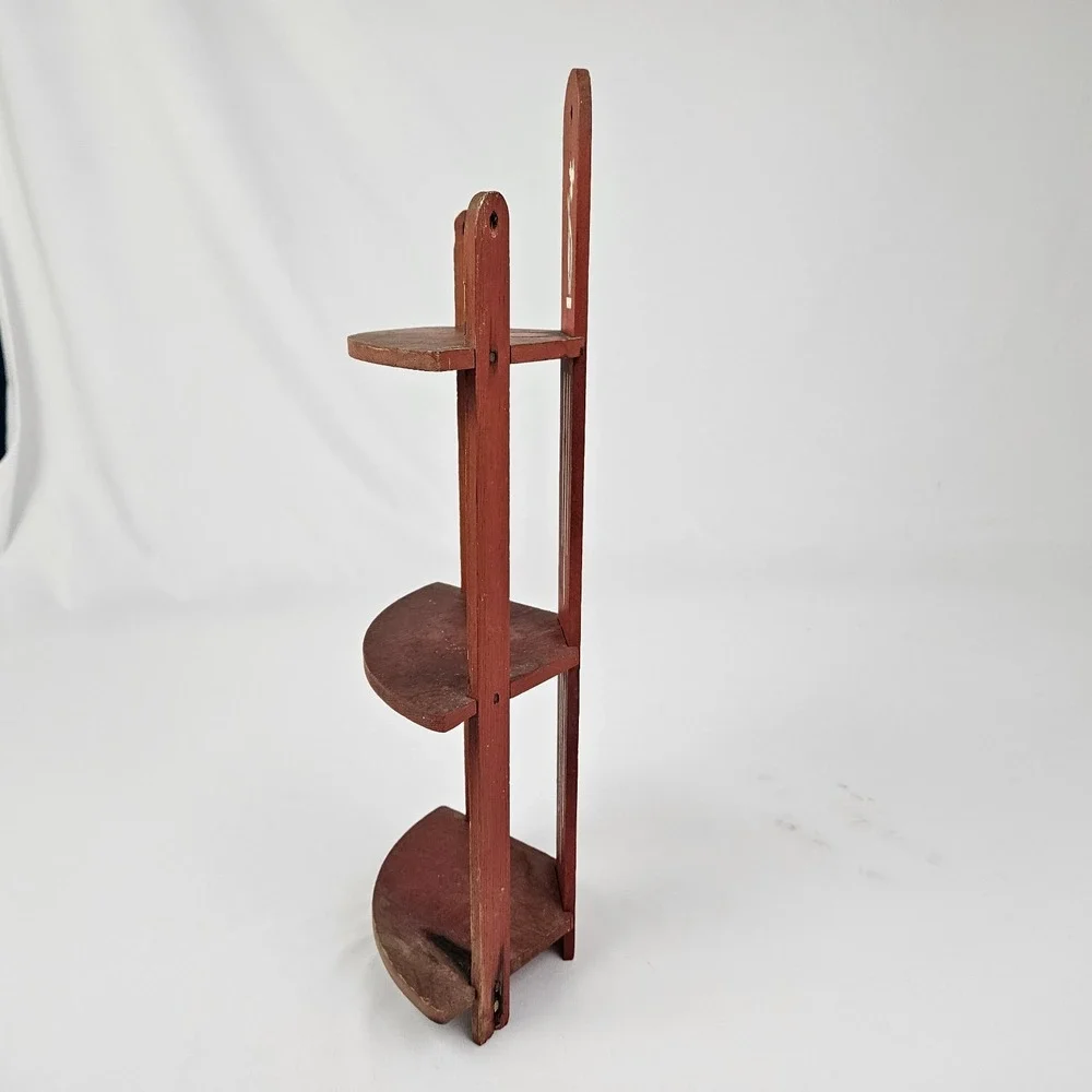 Vintage Corner Shelf 3 Tier What Not Display Wall or Counter Wooden Red Art Deco